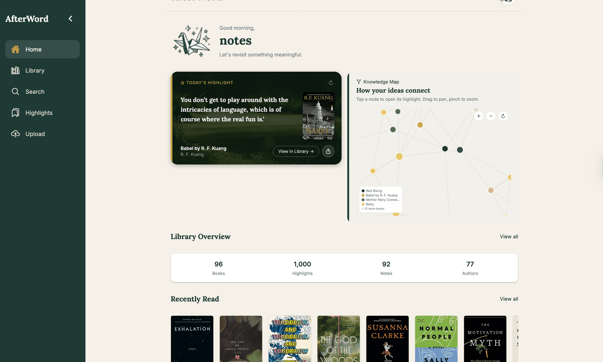 AfterWord dashboard showing Today's Highlight and Knowledge Map