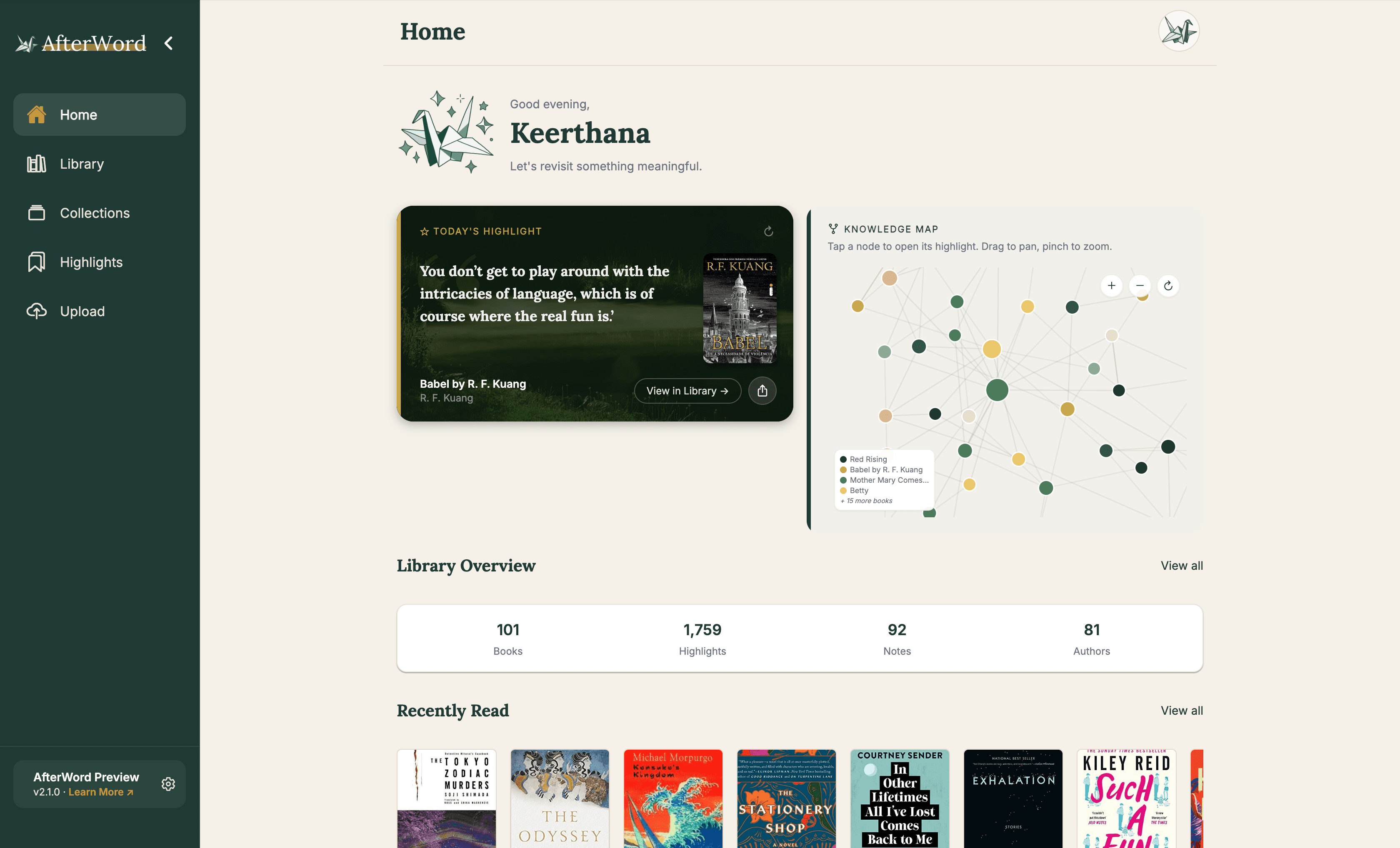 AfterWord home dashboard
